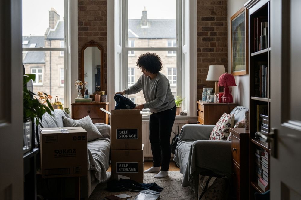 A person packing boxes labeled "Self Storage" in a cozy Edinburgh flat.