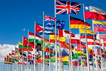 Flags representing many international countries