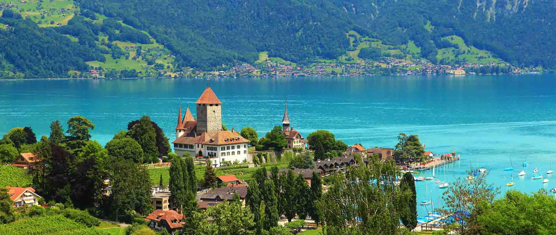 Scenic view of a serene lake surrounded by majestic greenery and traditional Swiss buildings.