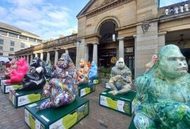 Life-sized Gorilla sculptures at Covent Garden's Tusk Trail, proudly moved by Pickfords. Discover the mesmerizing display honouring wildlife conservation efforts