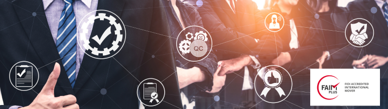 Business professionals with icons representing quality control, compliance, and certification, symbolising trusted global relocation standards and FIDI FAIM PLUS accreditation.